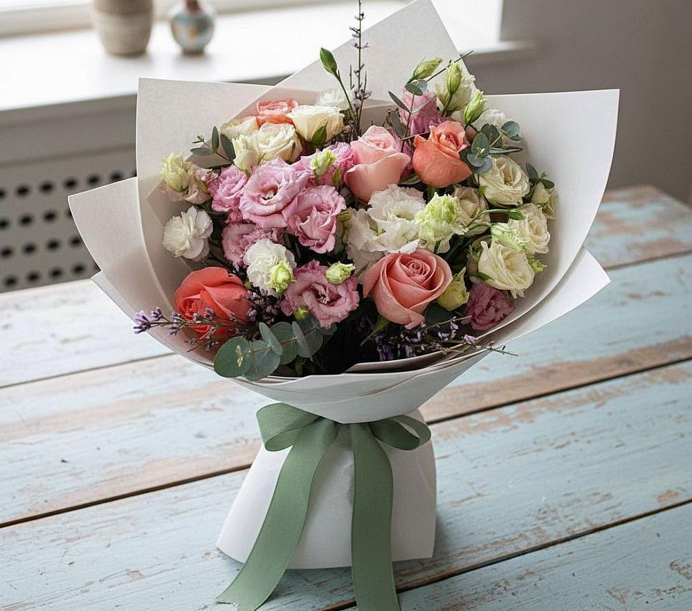 Букет цветов из: Розы, Лизиантусы и Гвоздики в Ольявидово