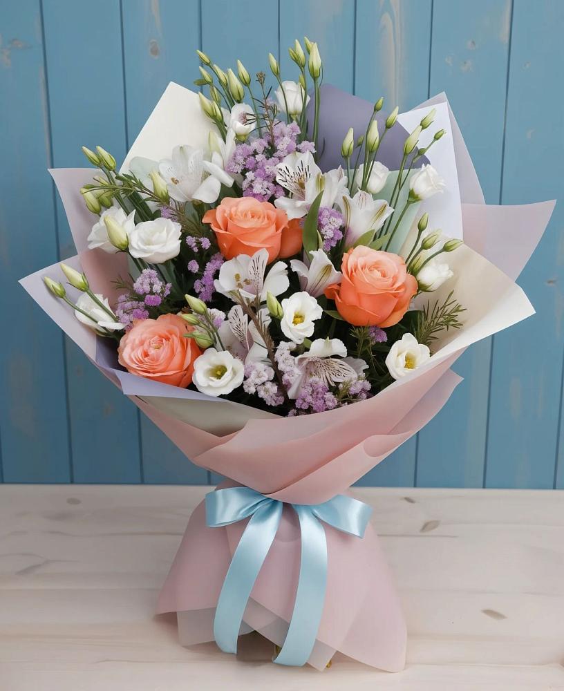 Букет цветов из: Лизиантусы, Розы, Альстромерии и Гипсофила в Ольявидово